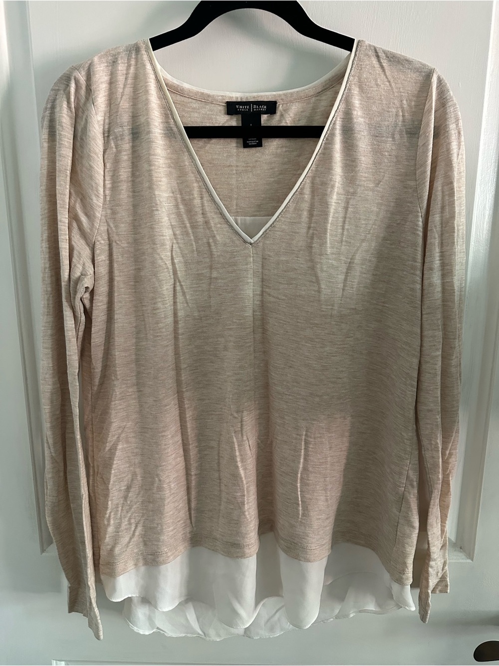 White House Black Market Beige V-Neck Layered Hem Long Sleeve Top